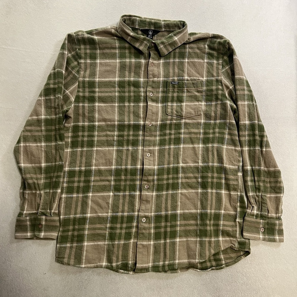 Volcom Flannel Shirt Men's Size 2XL Brown Green Plaid Button Up Long Sleeve